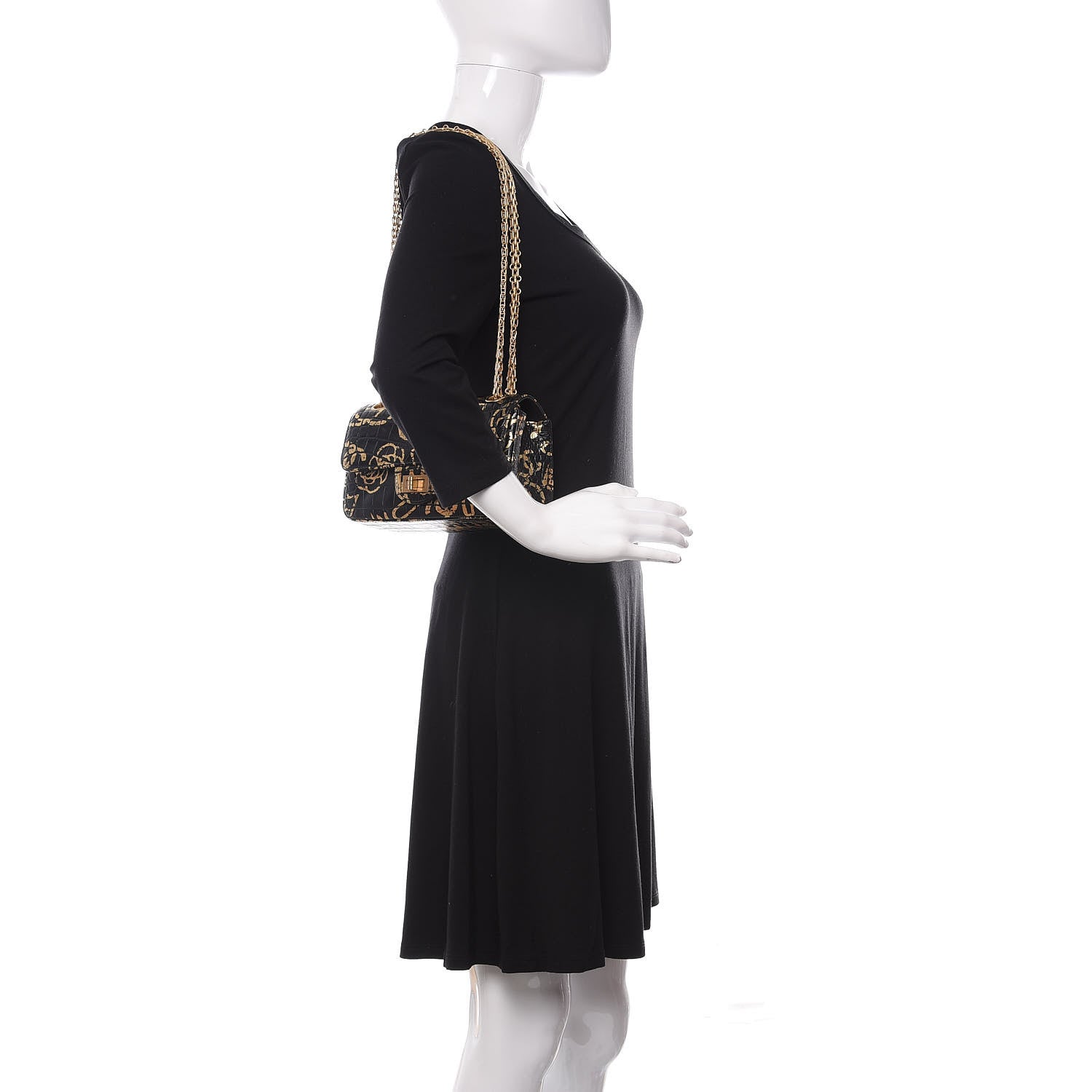 Chanel Calfskin Crocodile Embossed Graffiti 2.55 Mini Cocodile Reissue Flap Black Gold 2 of 10