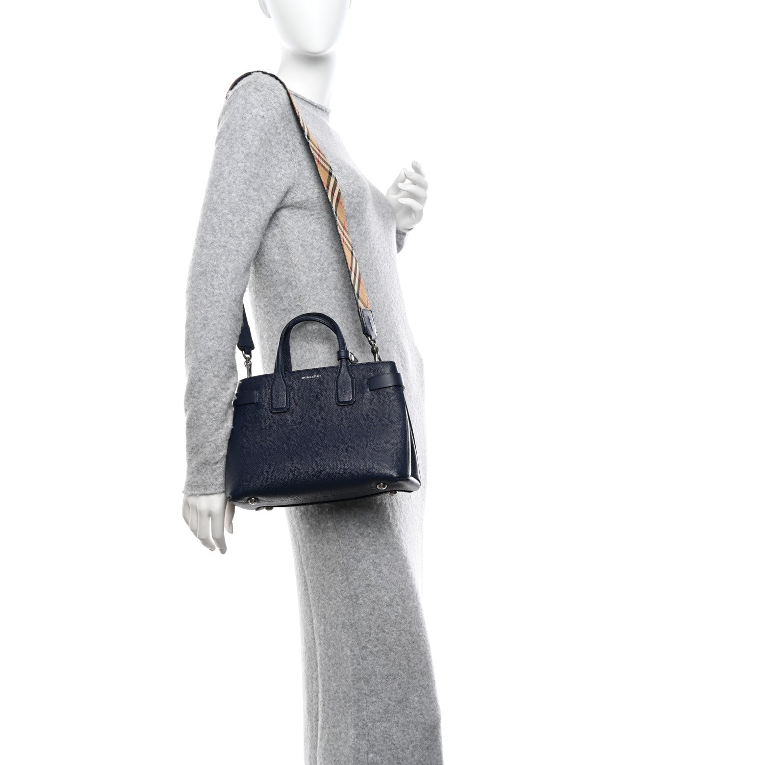 Burberry Grainy Calfskin House Check Small Banner Tote Regency Blue 2 of 13