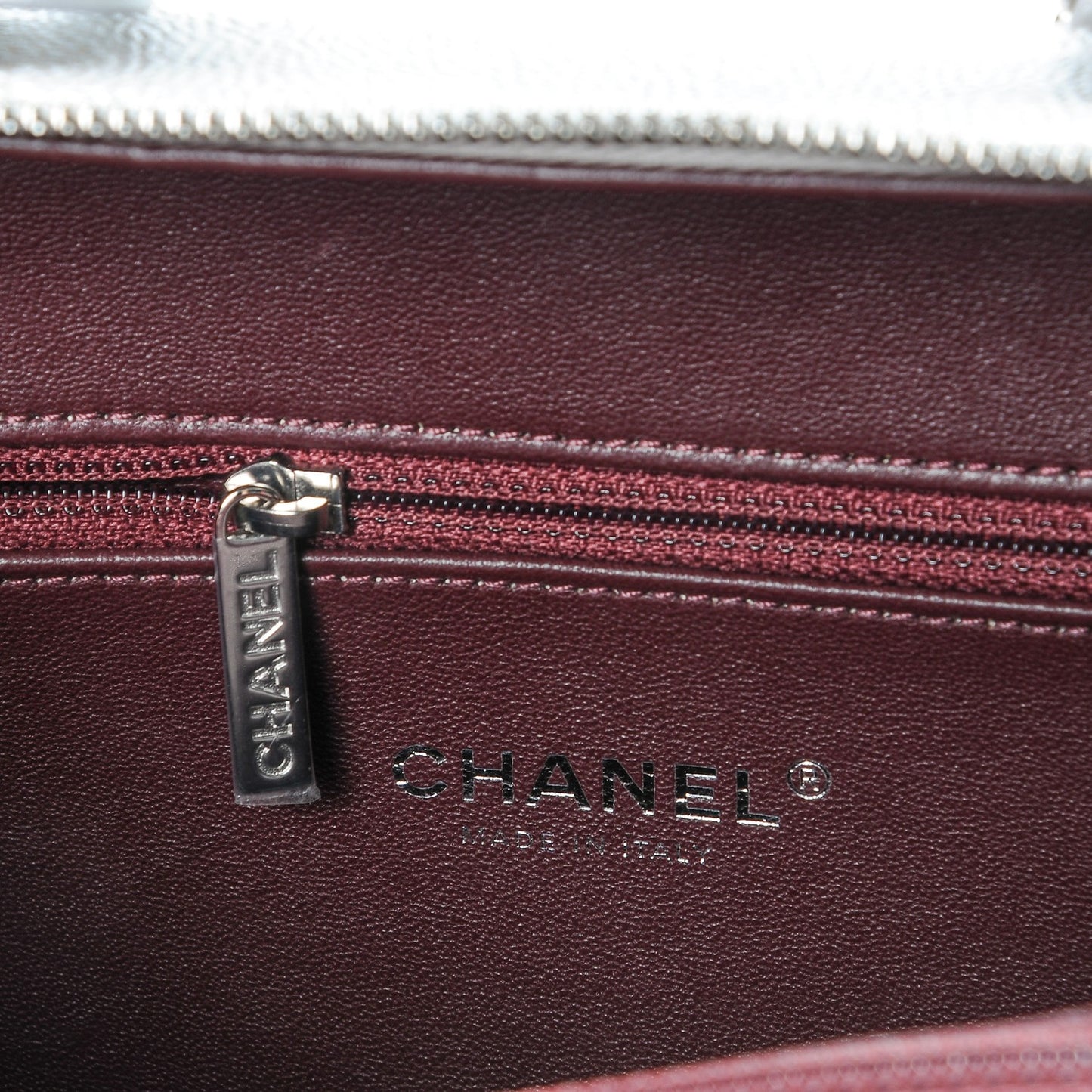 Metallic Caviar Quilted Medium CC Filigree Vanity Case Silver