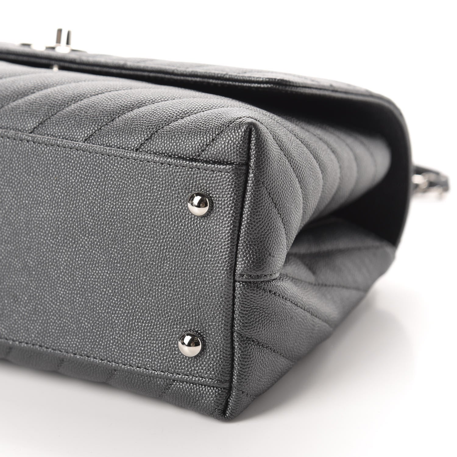 Chanel Metallic Caviar Chevron Quilted Small Coco Handle Flap Dark Silver 7 of 10