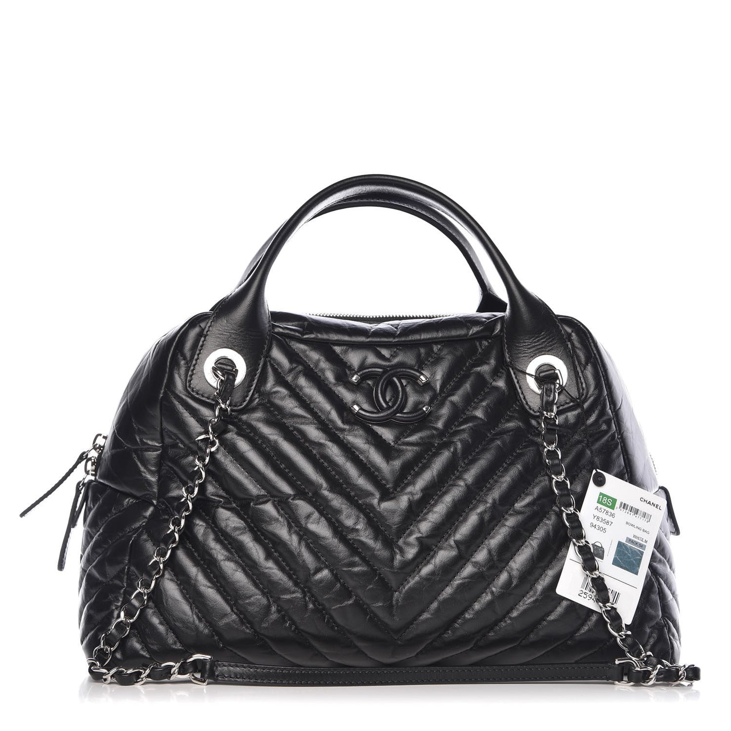 Aged Calfskin Chevron Medium Soft Bowling Bag Black