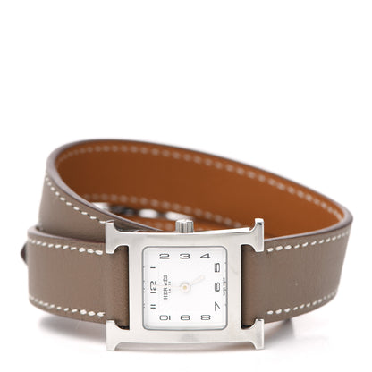 Hermes Stainless Steel Swift 21mm Heure H Hour Double Tour Quartz Watch Etoupe 2 of 5