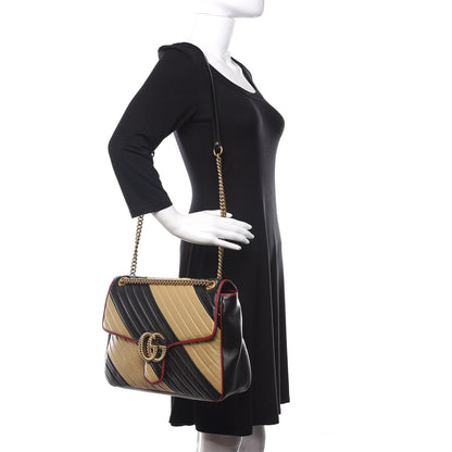 Gucci Azalea Calfskin Matelasse Diagonal Patchwork Large Torchon GG Marmont Shoulder Bag Black Beige Romantic Cerise 2 of 10