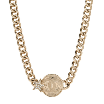 Chanel Metal Crystal Textured CC Star Chain Choker Necklace Gold 1 of 5