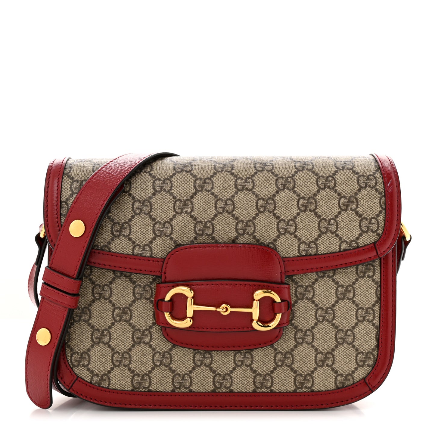 GG Supreme Monogram Azalea Calfskin Horsebit 1955 Shoulder Bag Beige Ebony New Cherry Red