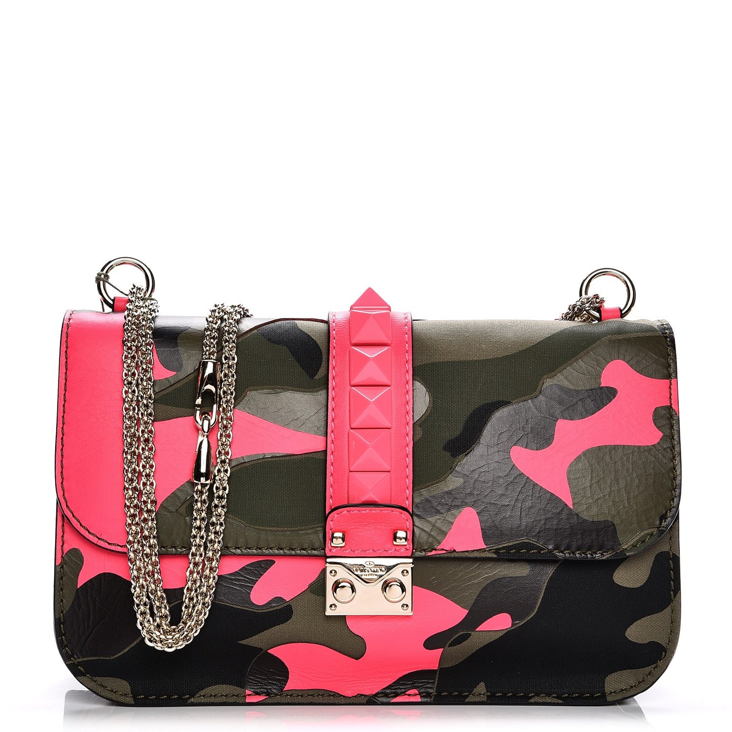 Nappa Canvas Camouflage Medium Glam Lock Rockstud Flap Fuxia Fluo
