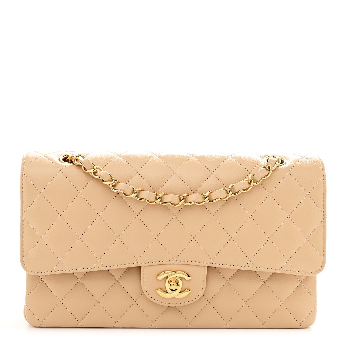 Caviar Quilted Medium Double Flap Beige