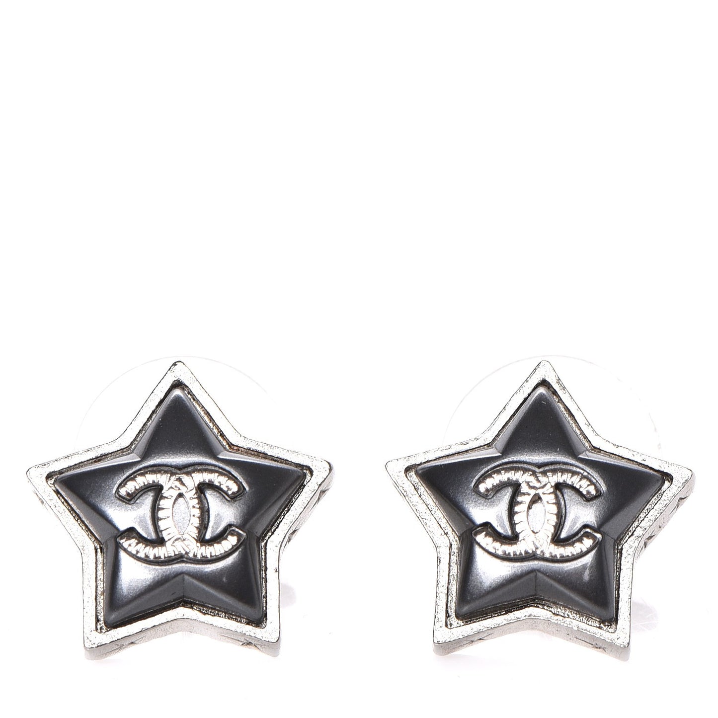 Resin Metal CC Star Earrings Silver