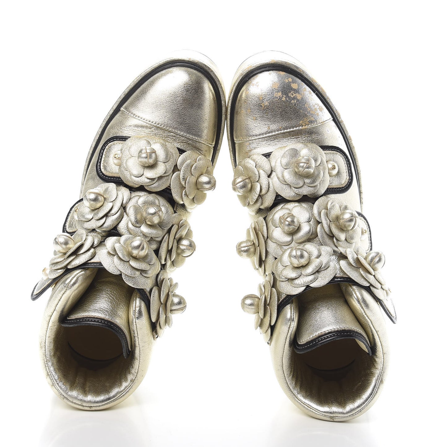 Metallic Lambskin Camellia High Top Sneakers 39 Gold