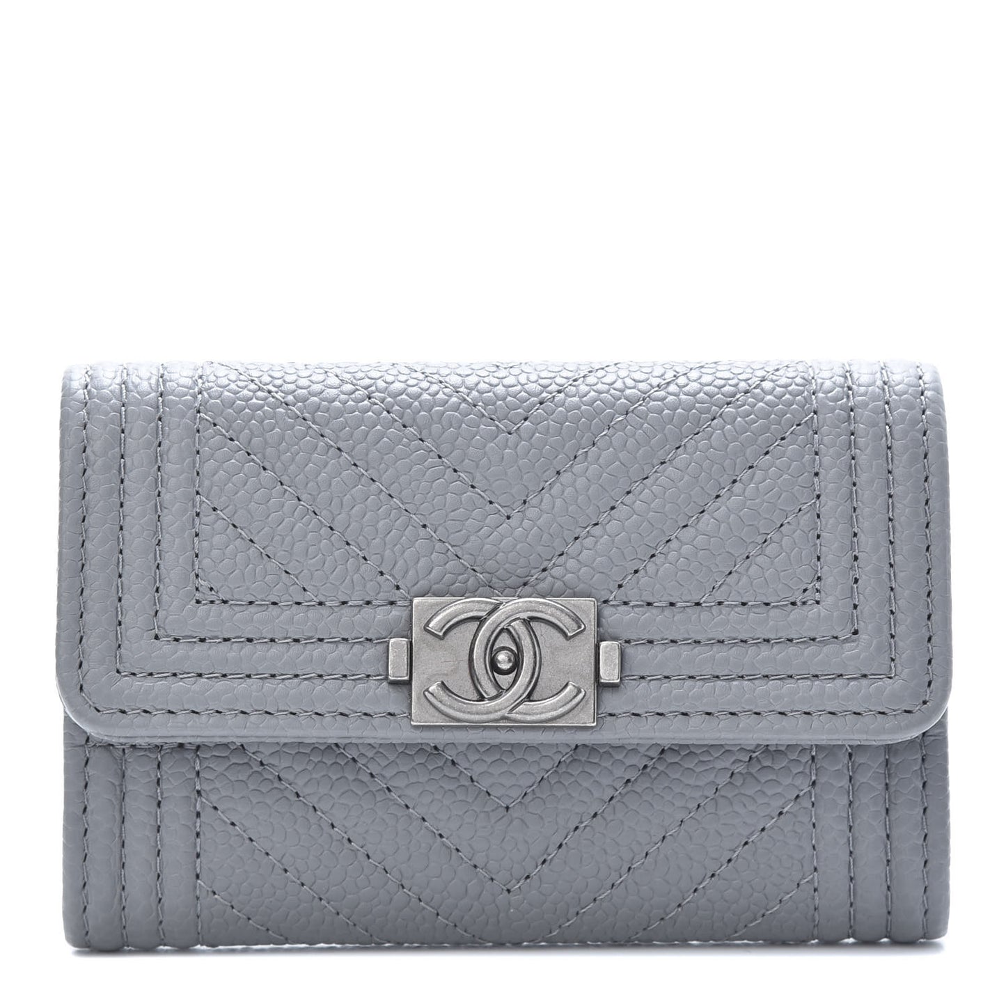 Caviar Chevron Quilted Boy Flap Card Holder Grey