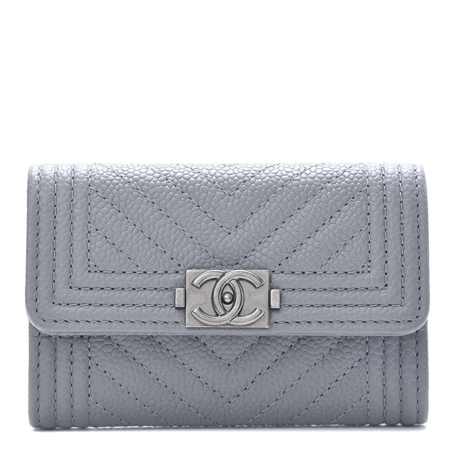 Chanel Caviar Chevron Quilted Boy Flap Card Holder Grey 1 of 9