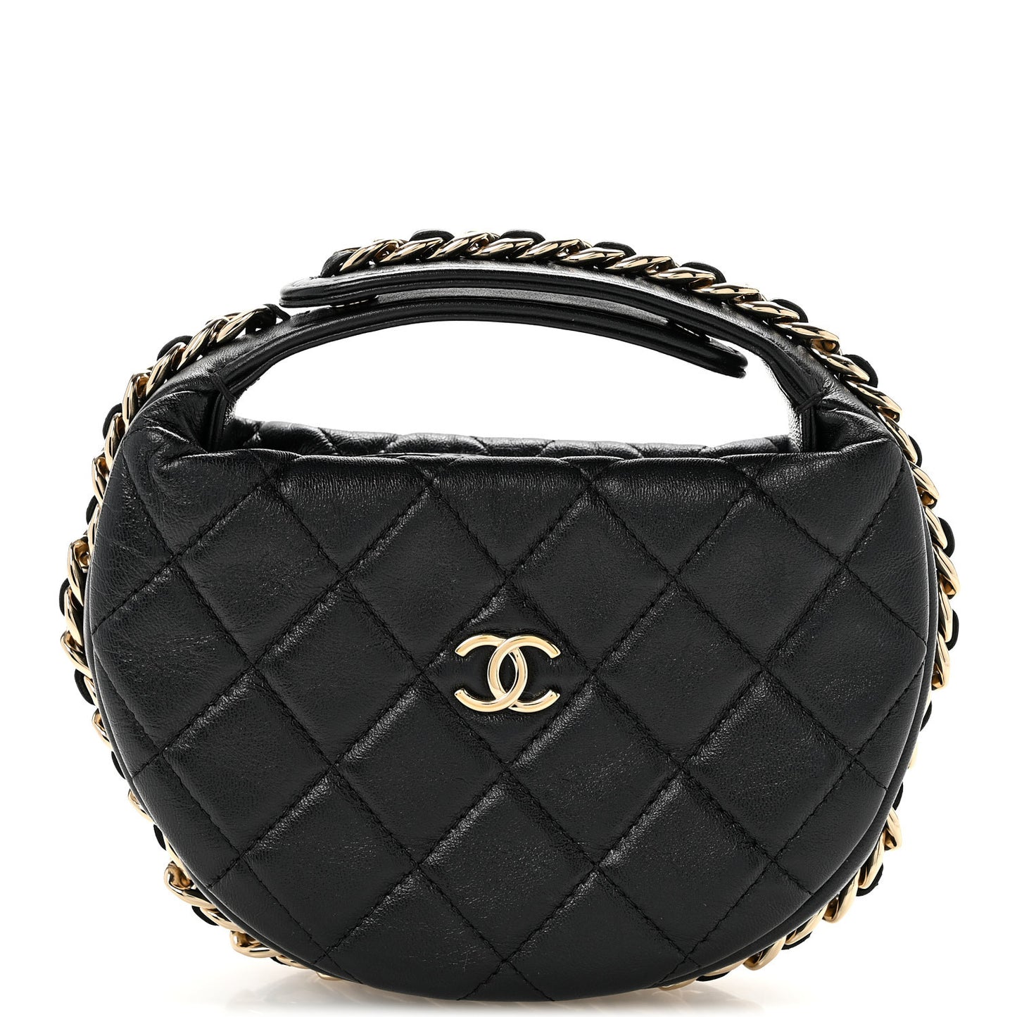 Lambskin Quilted Chain Around Pouch Hobo Black