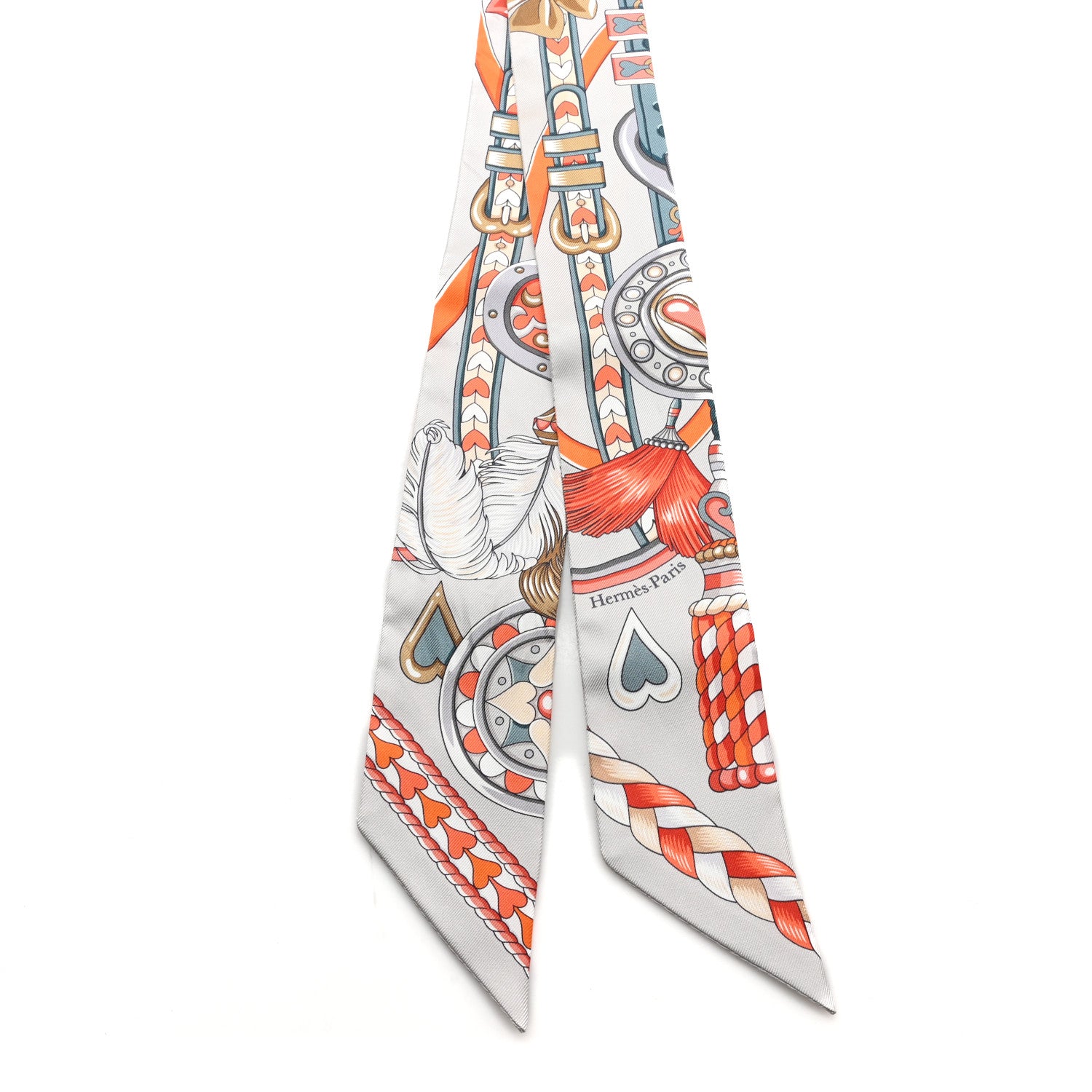 Hermes Silk Harnais De Coeur Twilly Gris Perle Orange Gris Bleute 2 of 3