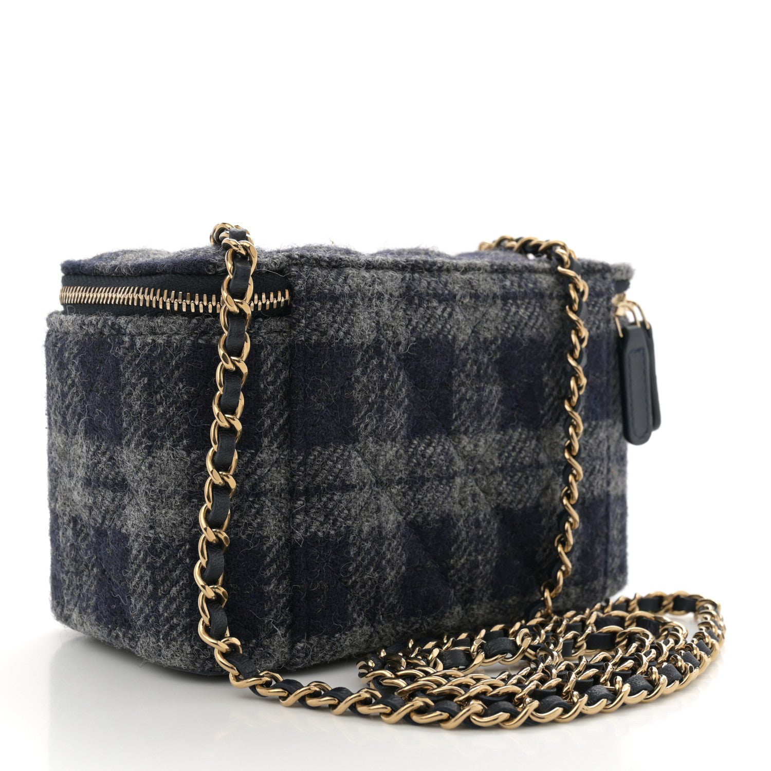 Chanel Wool Plaid Quilted Small Vanity Case With Chain Blue 3 of 10