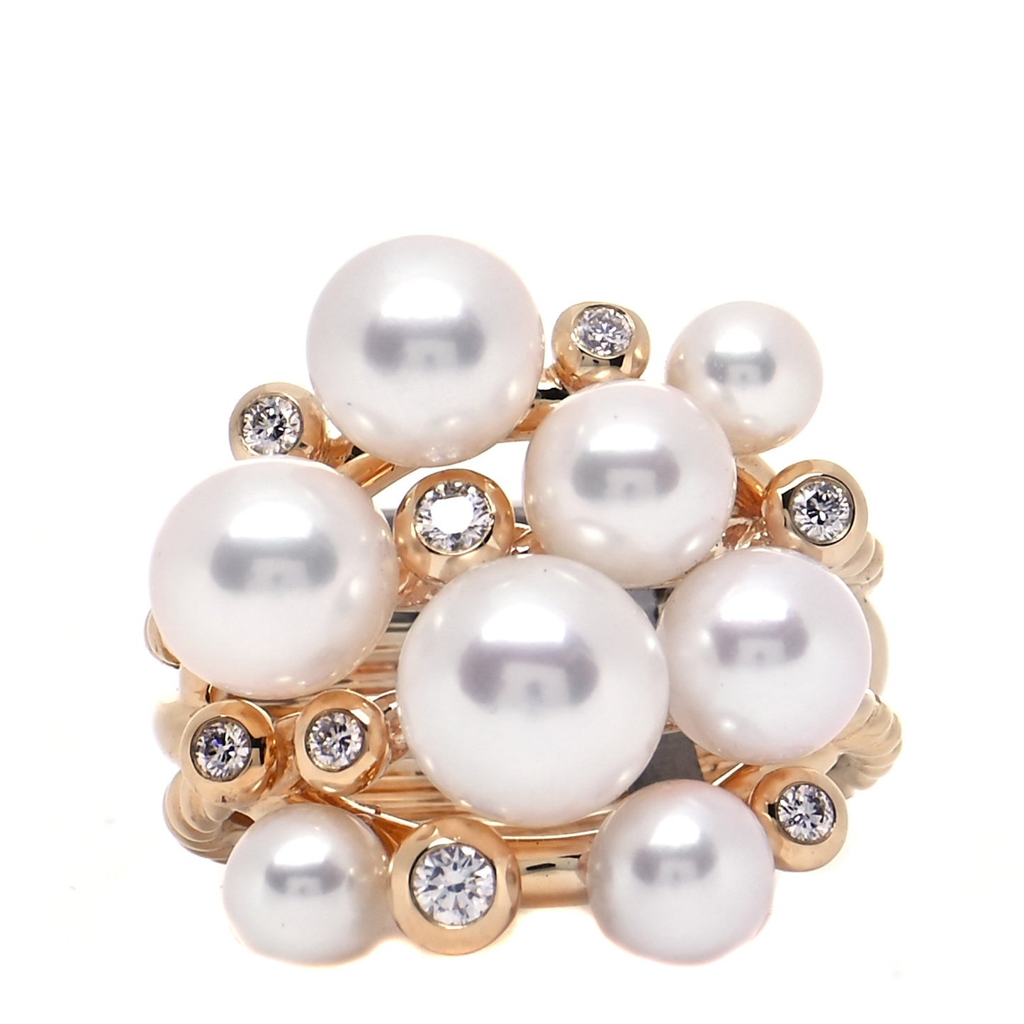 18K Yellow Gold Diamond Pearl Cluster Cable Ring 60 9