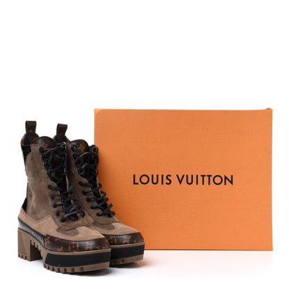 Louis Vuitton Suede Calfskin Monogram Laureate Platform Desert Boots 37 Taupe 9 of 9
