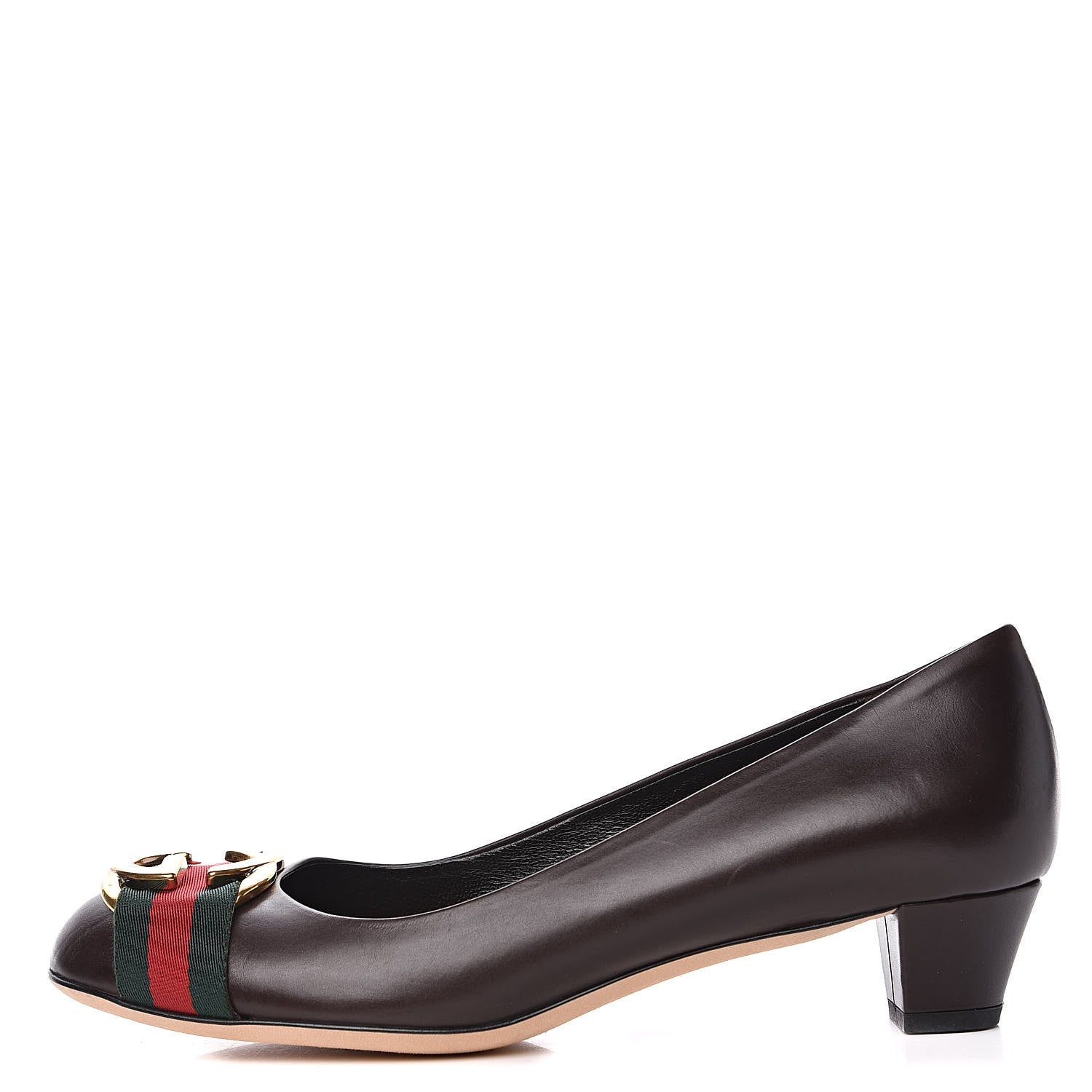 Gucci Calfskin Interlocking GG Web Mid Heel Pumps 38 Dark Cocoa 1 of 10