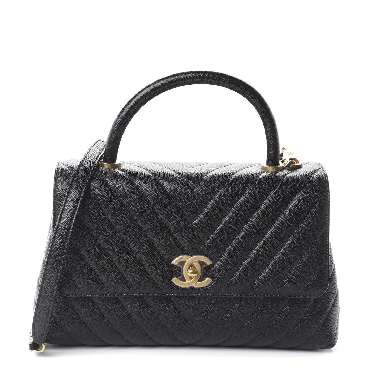 Caviar Chevron Quilted Small Coco Handle Flap Black