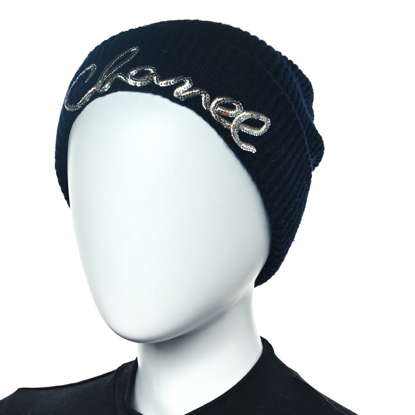 Cashmere Sequin Logo Beanie Hat Navy Silver