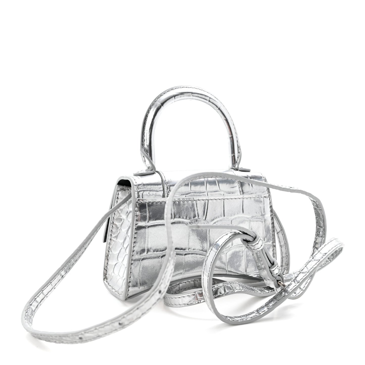 Metallic Calfskin Crocodile Embossed Hourglass Top Handle Bag Mini Silver