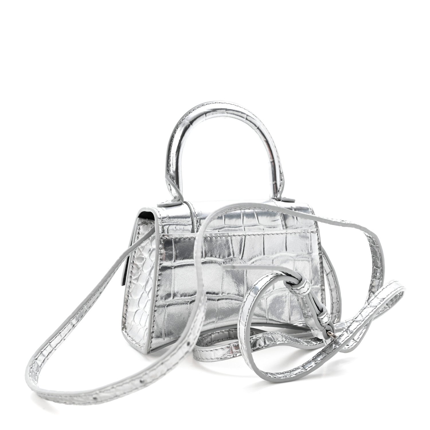 Balenciaga Metallic Calfskin Crocodile Embossed Hourglass Top Handle Bag Mini Silver 3 of 9