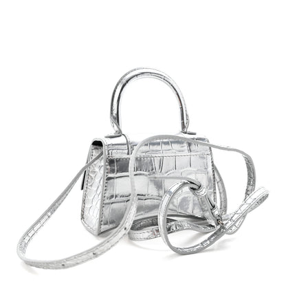 Balenciaga Metallic Calfskin Crocodile Embossed Hourglass Top Handle Bag Mini Silver 3 of 9