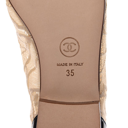 Chanel Lace Patent Cap Toe CC Ballerina Flats 35 Beige Black 7 of 10