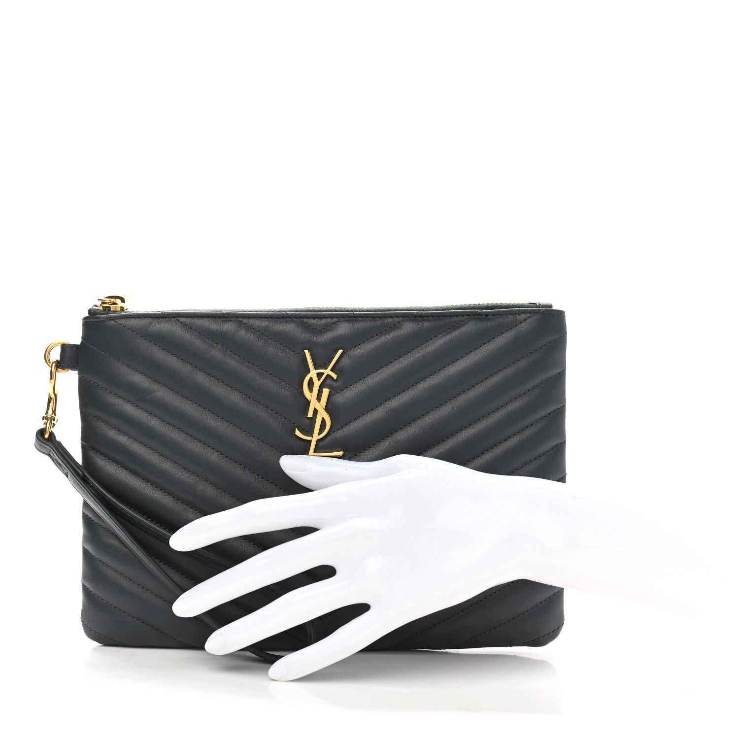 Saint Laurent Calfskin Matelasse Chevron Monogram A5 Wristlet Dark Smog 2 of 8
