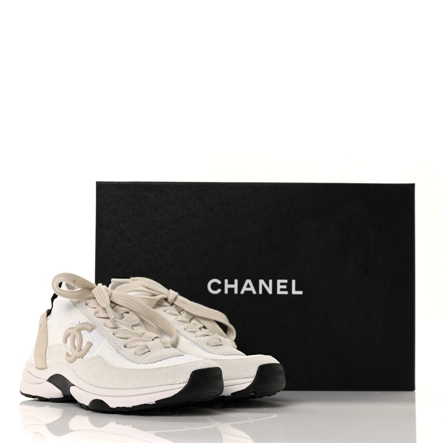 Chanel Mesh Suede Fabric Womens CC Sneakers 35 White Ivory Light Beige 7 of 7
