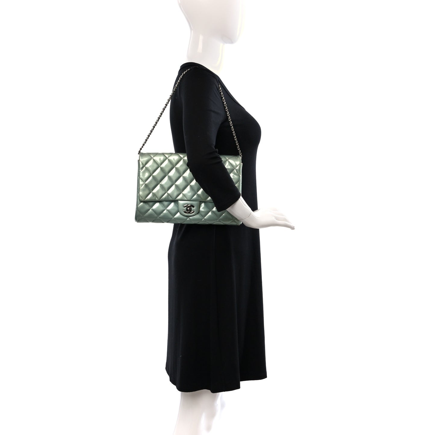 Patent Quilted Clutch with Chain Flap Blue