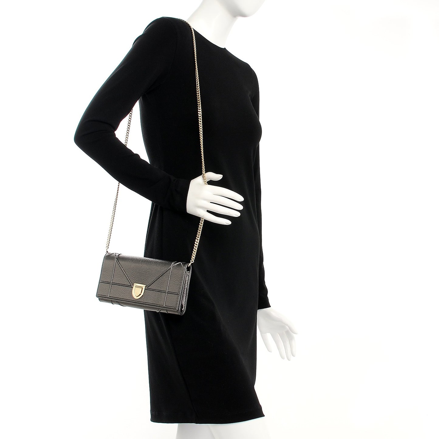 Metallic Grained Calfskin Diorama Croisiere Chain Wallet Gunmetal Grey