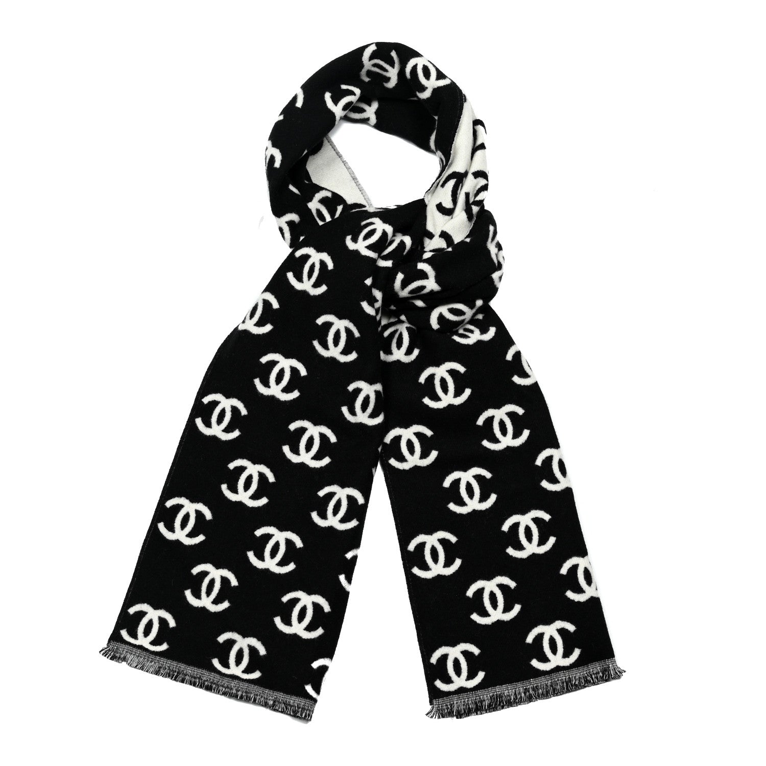 Chanel Wool Cashmere CC Scarf Black White 1 of 3