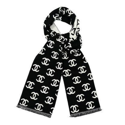 Chanel Wool Cashmere CC Scarf Black White 1 of 3