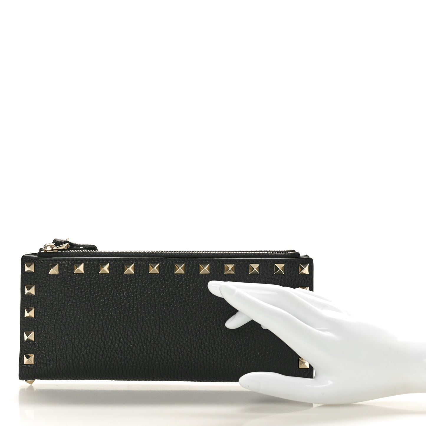 Pebbled Calfskin Rockstud Fold Zip Wallet Black
