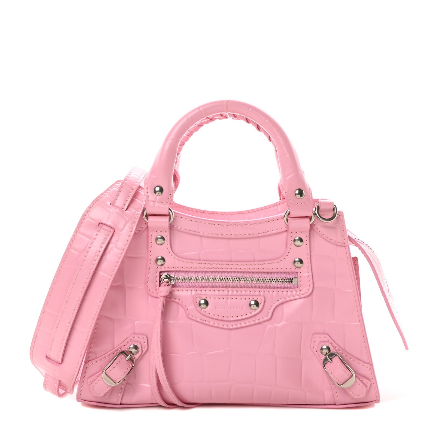 Semi Shiny Calfskin Crocodile Embossed Neo Classic Silver Hardware Mini City Pink