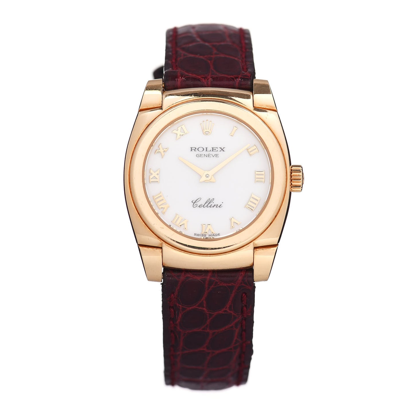 18K Yellow Gold Alligator 26mm Cellini Manual Winding Watch White 5310