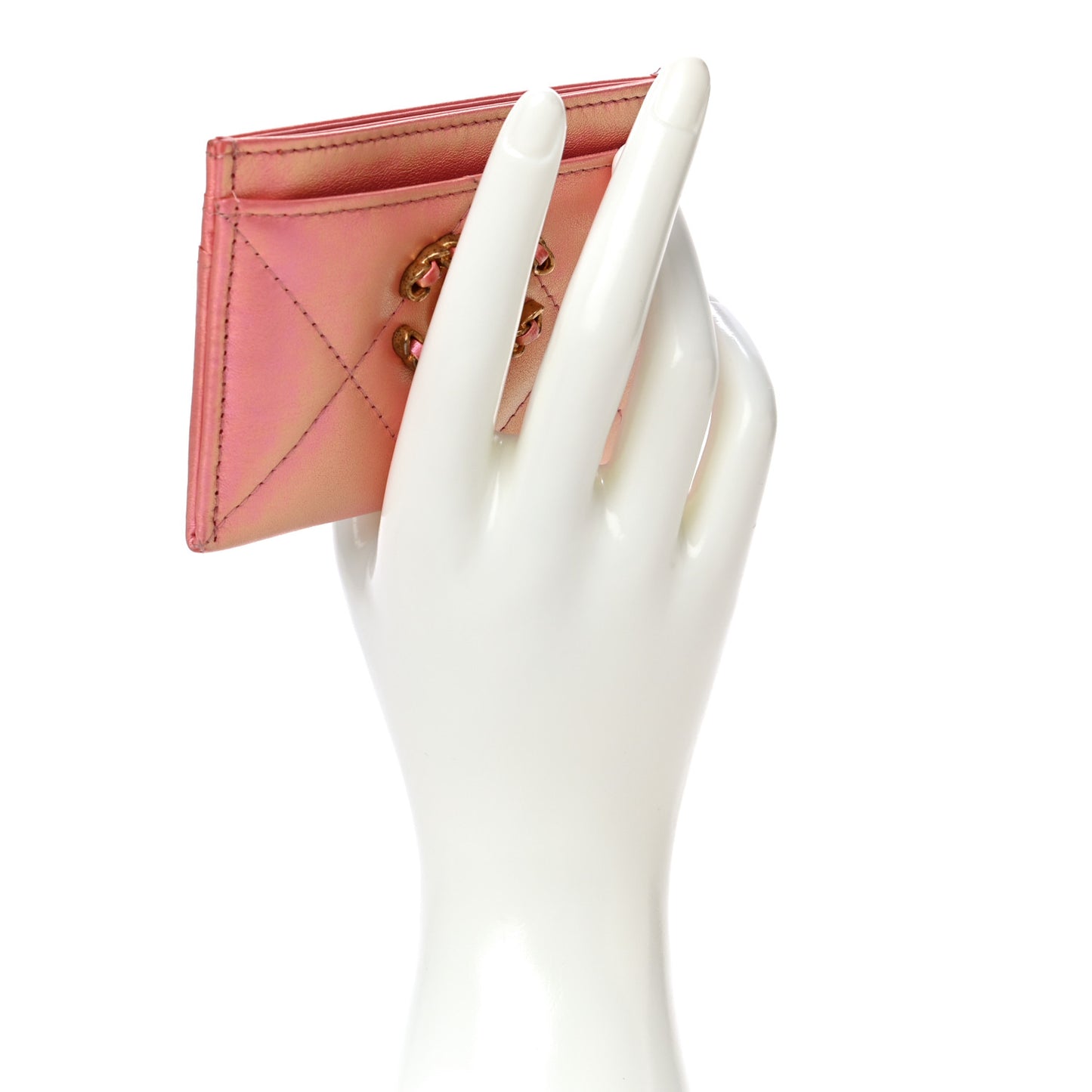 Iridescent Calfskin Quilted Chanel 19 Card Holder Pink