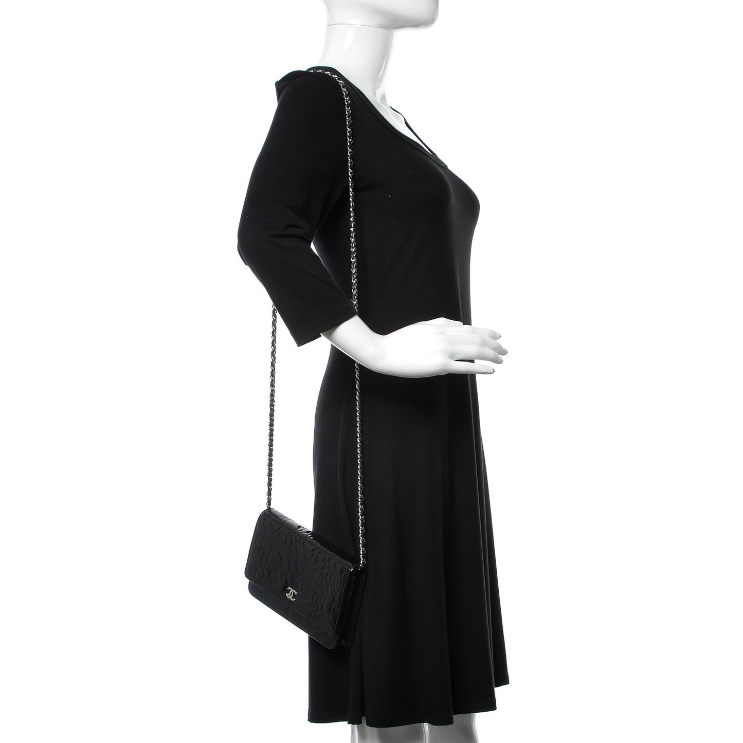 Patent Camellia Embossed Wallet On Chain WOC Black