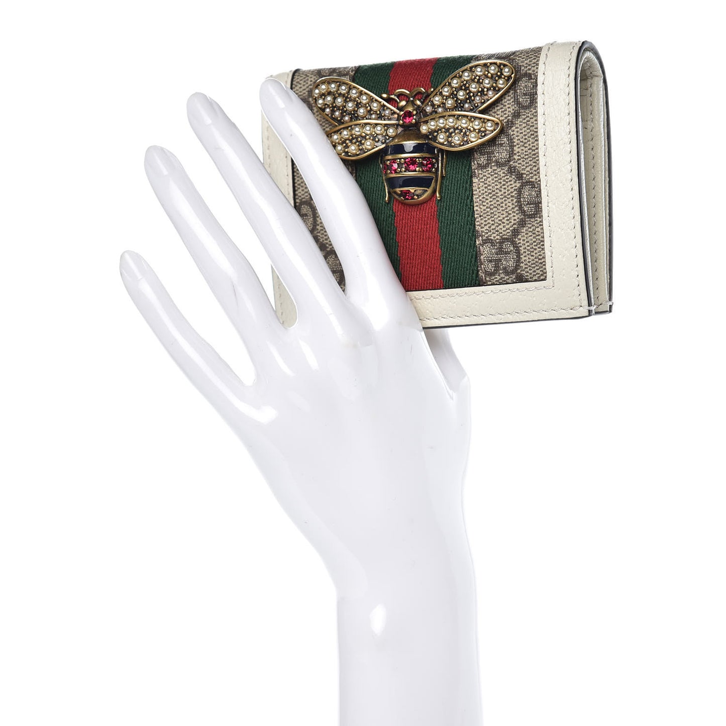 GG Supreme Monogram Web Queen Margaret Card Case Wallet Beige Mystic White