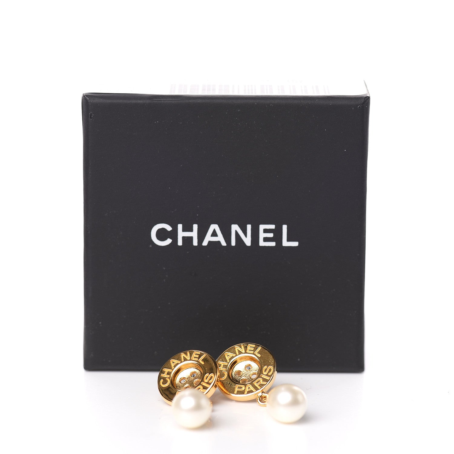 Chanel Metal Pearl Paris Button Drop Earrings Gold 5 of 5
