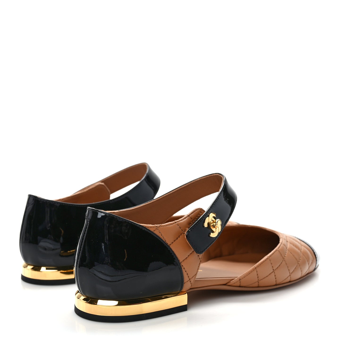 Patent Lambskin Quilted Cap Toe Ballerina Flats 38 Light Brown Black