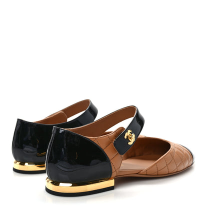 Chanel Patent Lambskin Quilted Cap Toe Ballerina Flats 38 Light Brown Black 4 of 8