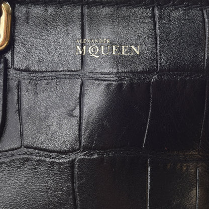 Alexander McQueen Calfskin Crocodile Embossed Mini Skull Padlock Zip Around Tote Black 11 of 13