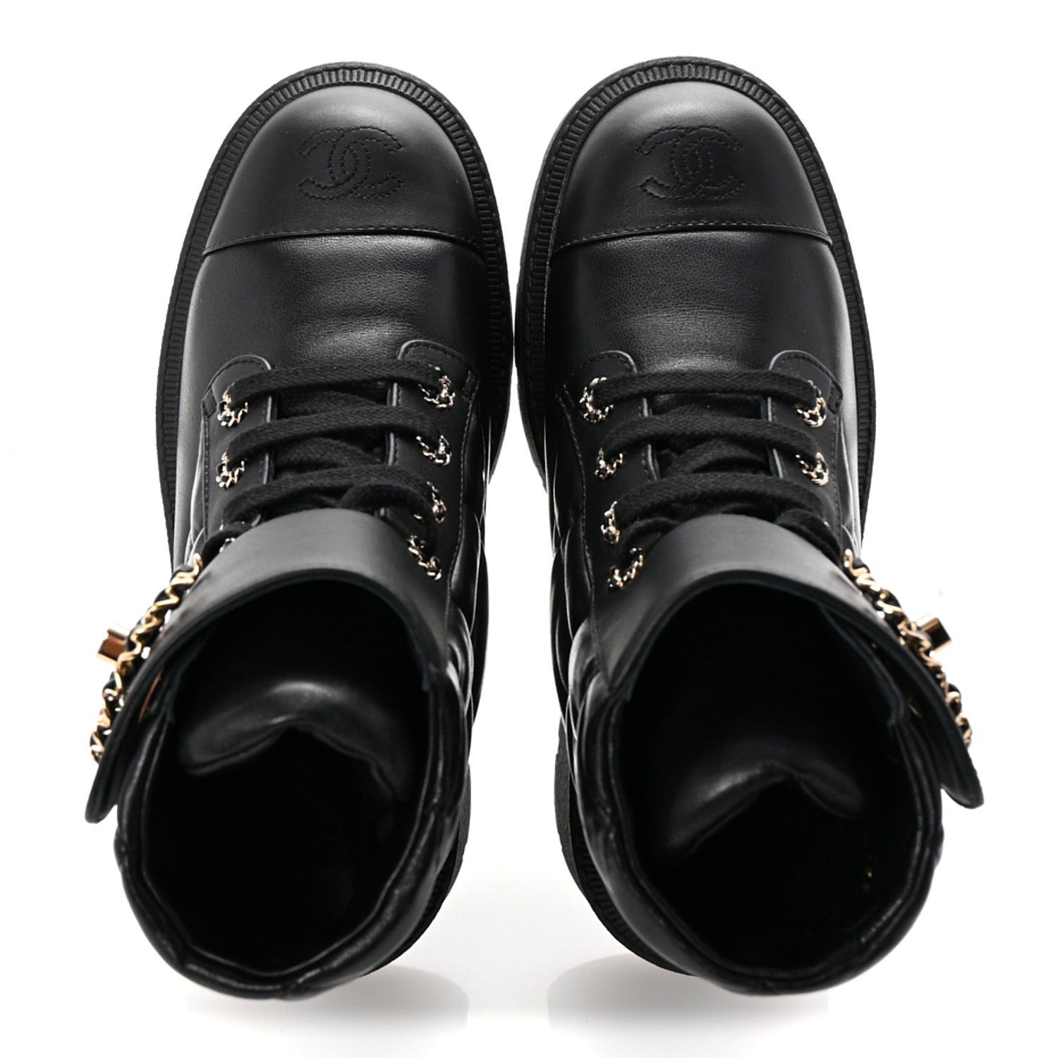 Chanel Lambskin Calfskin Quilted Lace Up Combat Boots 37 Black