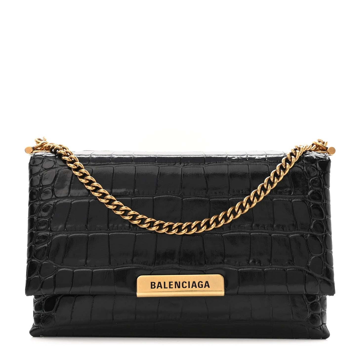 Shiny Extra Supple Calfskin Crocodile Embossed Small Triplet Bag Black
