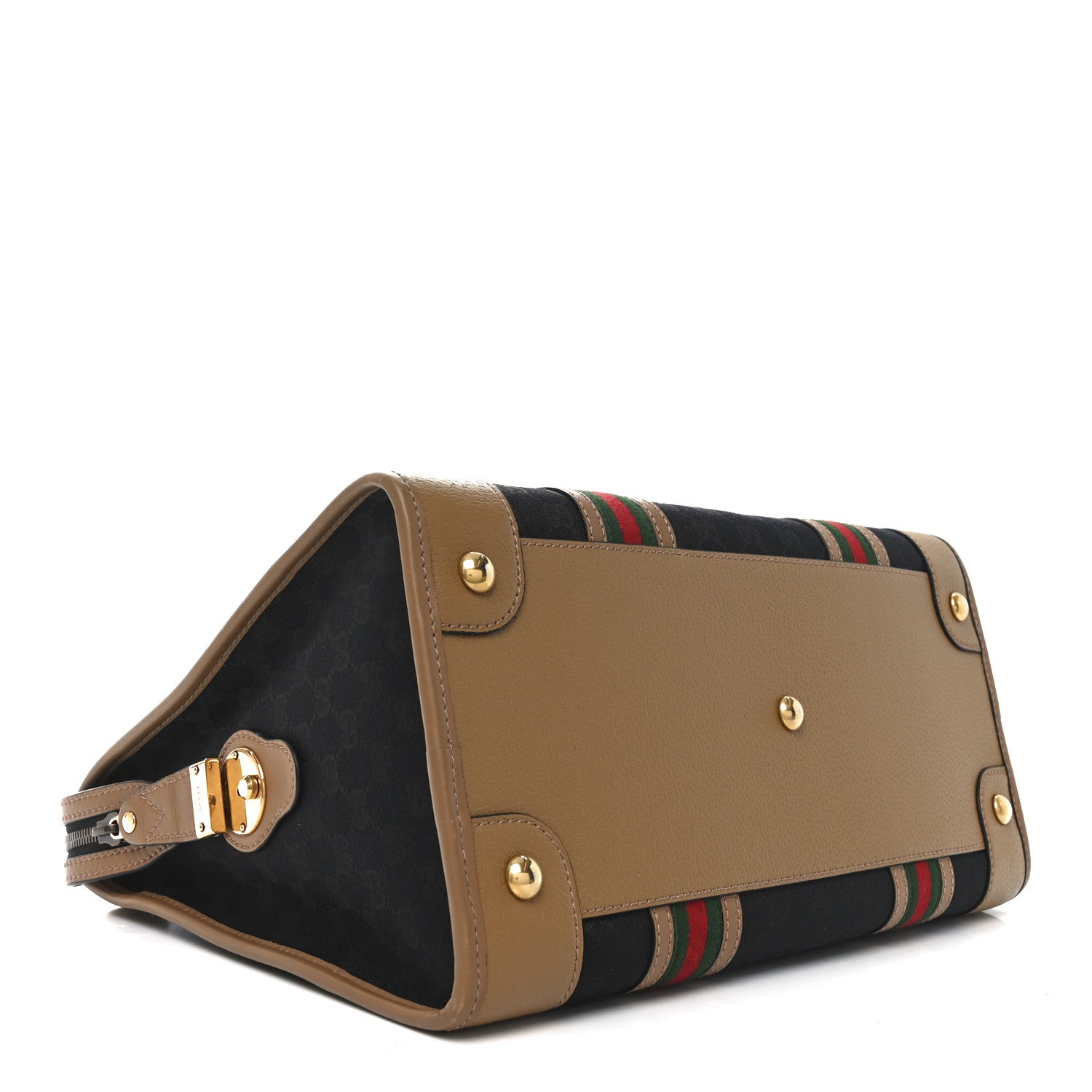 Gucci Monogram Textured Dollar Calfskin Web Large Bauletto Duffle Top Handle Bag Black Koi Beige 4 of 10