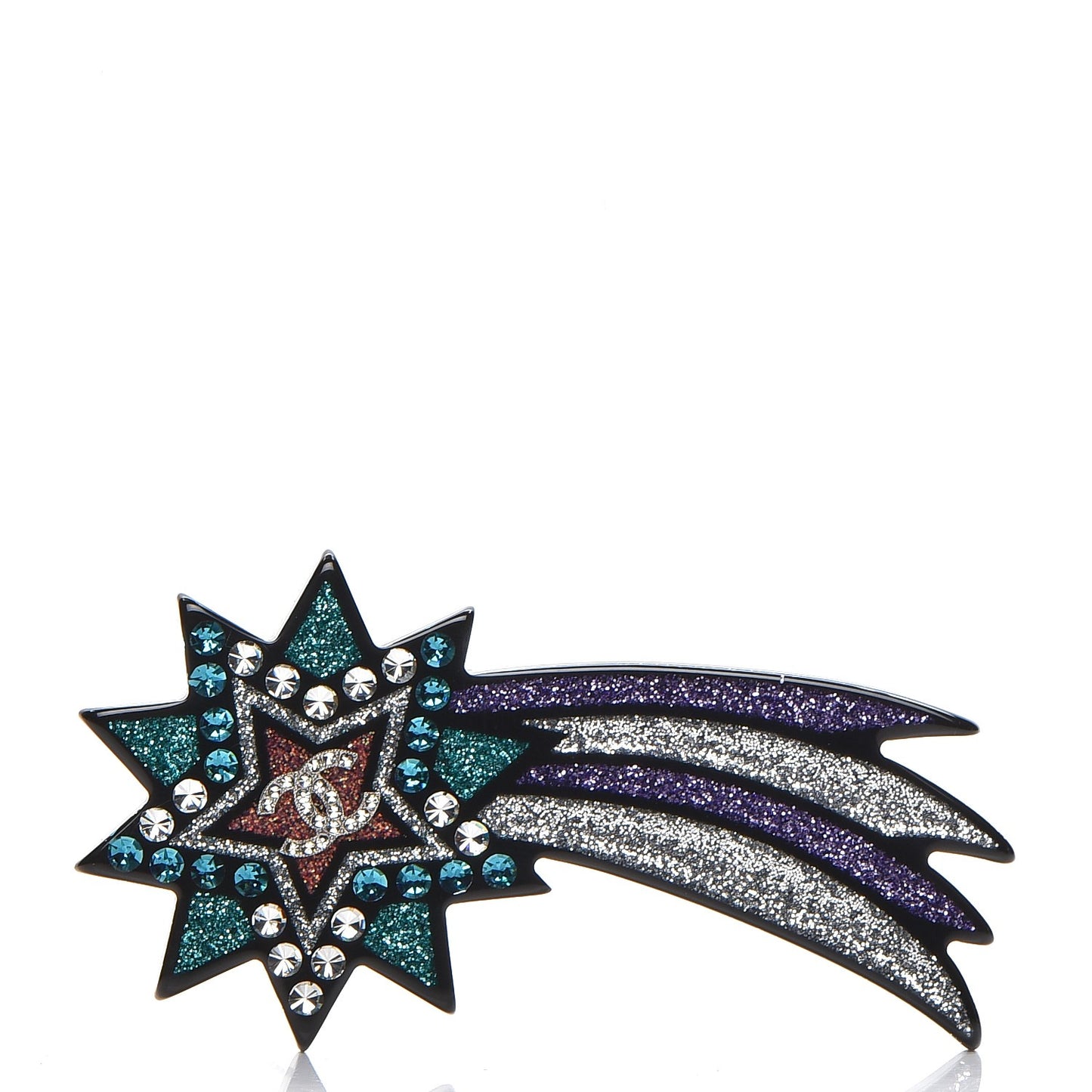 Glittered Resin Strass Shooting Star Brooch Black Purple Green