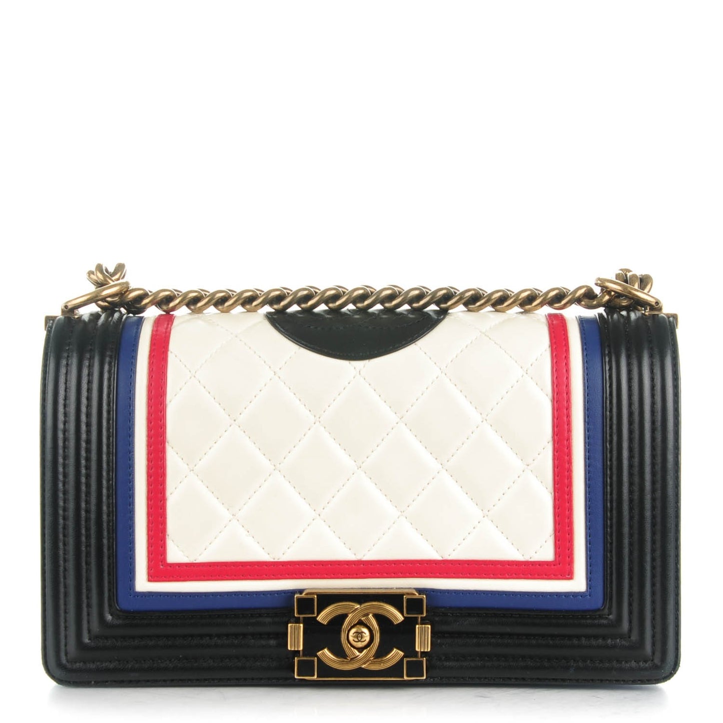 Calfskin Quilted Crest Embellished Medium Boy Flap Black White Blue