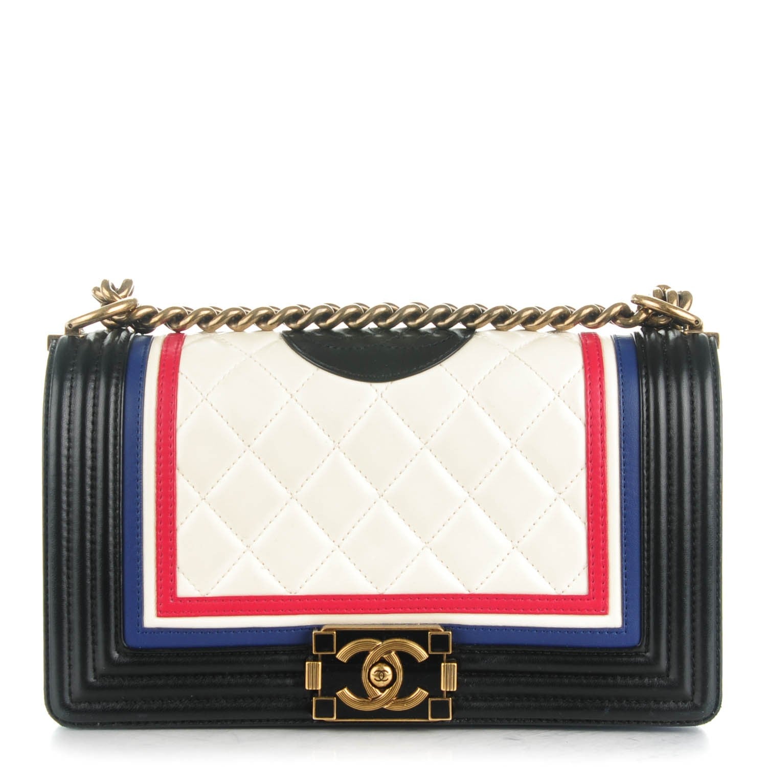 Chanel Calfskin Quilted Crest Embellished Medium Boy Flap Black White Blue 1 of 8