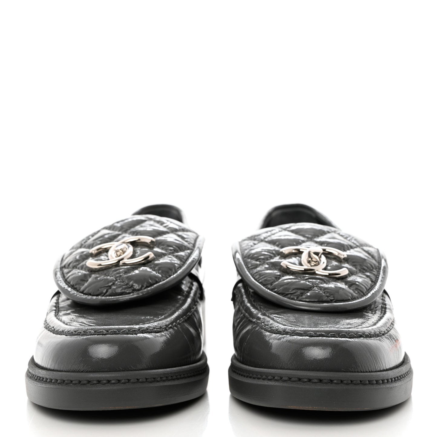 Crumpled Shiny Lambskin Quilted CC Turnlock Loafers 37 Dark Grey